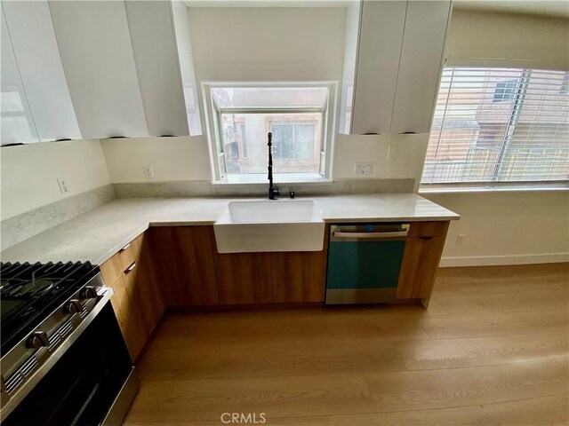 kitchen with range with gas stovetop, dishwasher, sink, and light wood-type flooring