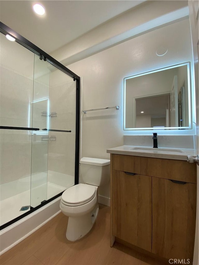 full bathroom with vanity, a shower stall, and toilet