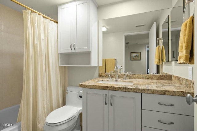 full bathroom with vanity, toilet, and shower / bathtub combination with curtain