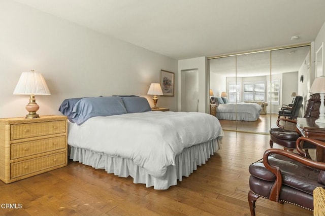 bedroom featuring wood-type flooring and a closet