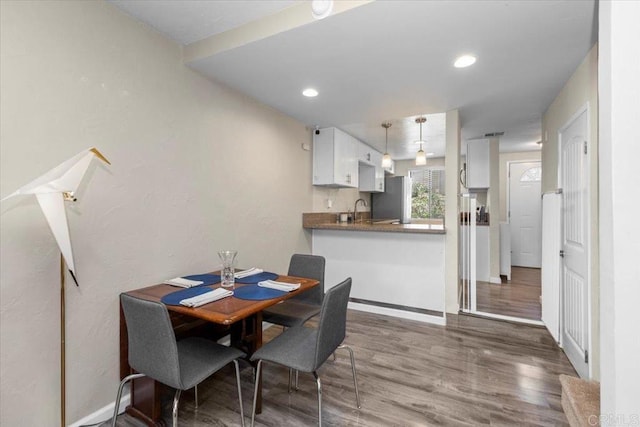 dining room featuring dark wood-type flooring and sink