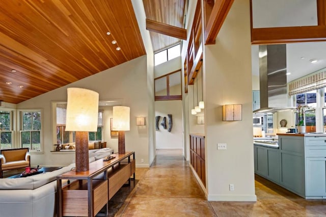 interior space with wood ceiling and vaulted ceiling