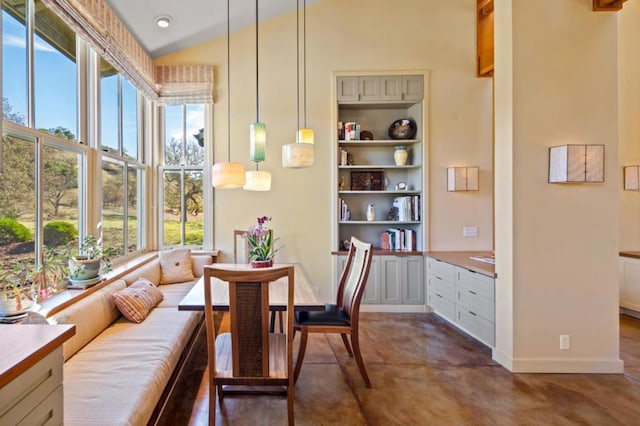 dining area featuring high vaulted ceiling and built in features