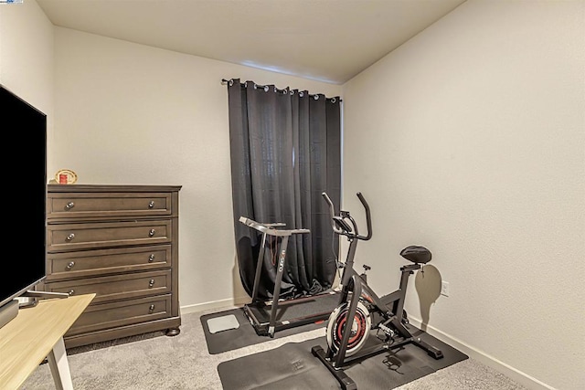 workout room with light colored carpet