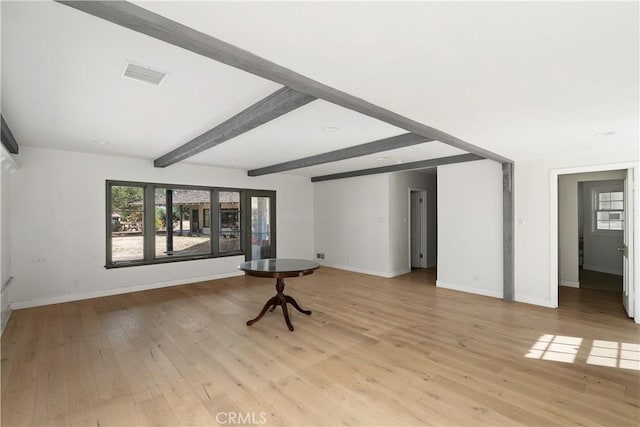 unfurnished living room with beam ceiling and light hardwood / wood-style flooring