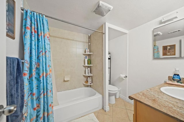 full bathroom featuring tile patterned flooring, vanity, shower / bath combination with curtain, and toilet