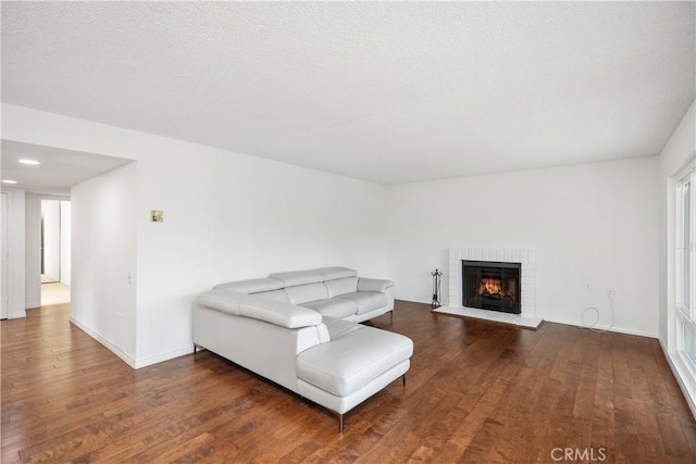 living room with wood-type flooring and a fireplace