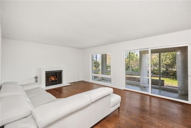 living room with hardwood / wood-style flooring and a fireplace