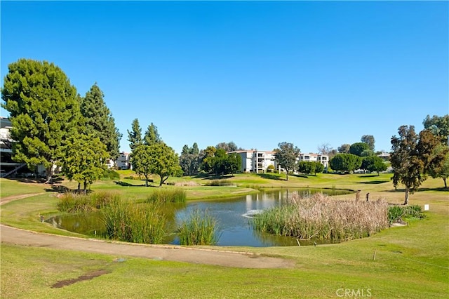 surrounding community with a water view and a lawn