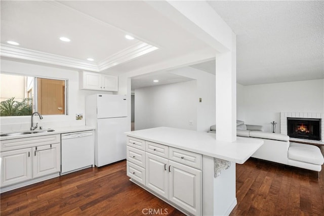 kitchen with dark hardwood / wood-style flooring, sink, white cabinets, and white appliances