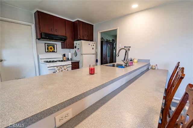 kitchen featuring white appliances, sink, and dark brown cabinets