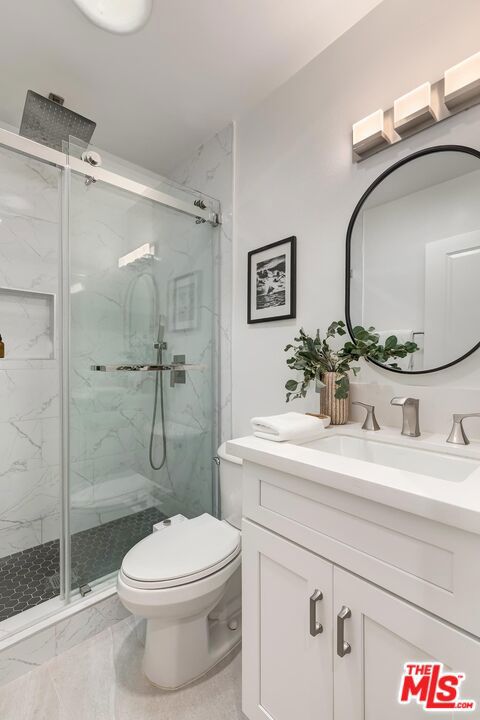 bathroom with vanity, toilet, and walk in shower