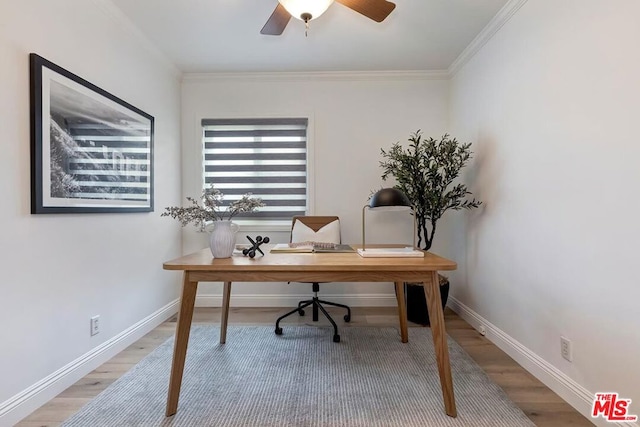 office space featuring crown molding, wood-type flooring, and ceiling fan