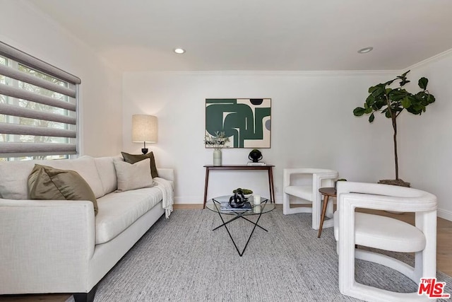 living room with ornamental molding and hardwood / wood-style floors