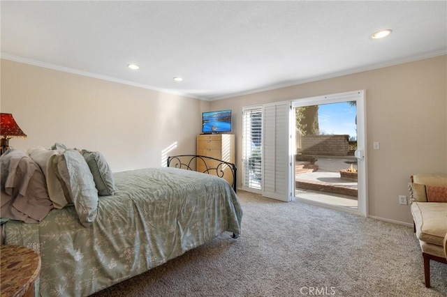 bedroom featuring crown molding, carpet, and access to outside