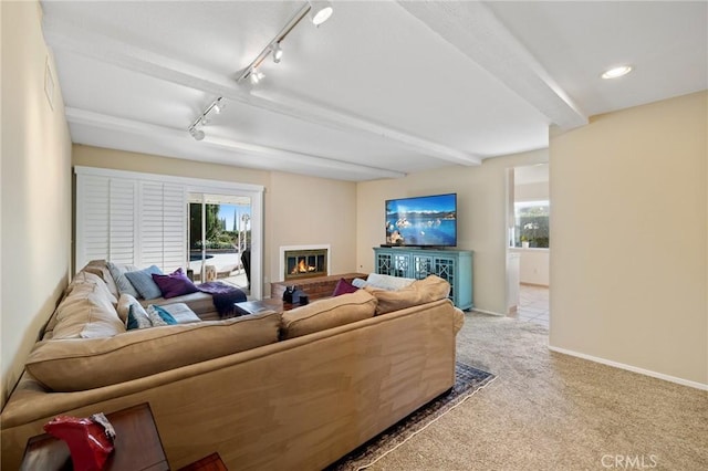 carpeted living room featuring beamed ceiling and track lighting