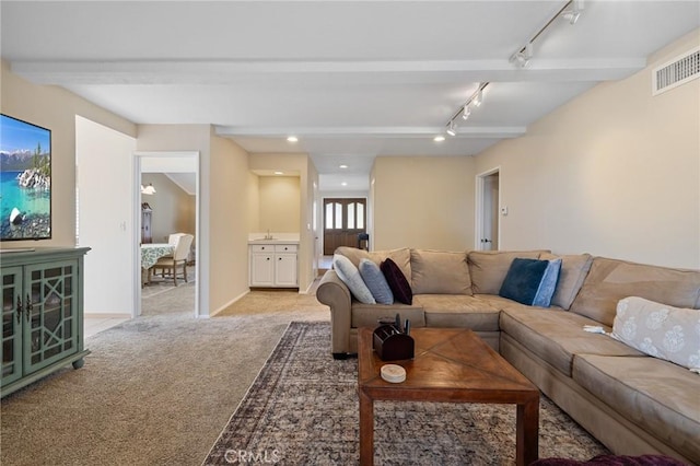 carpeted living room with rail lighting and beamed ceiling