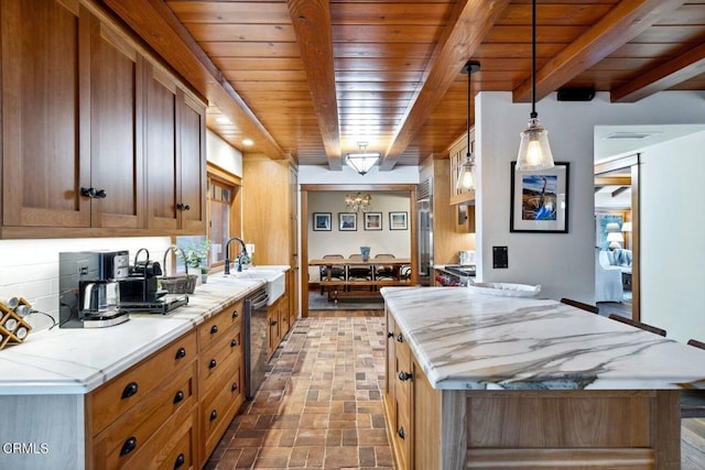 kitchen featuring sink, dishwasher, decorative light fixtures, wooden ceiling, and beamed ceiling