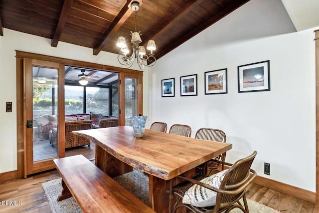 dining area featuring a notable chandelier, wooden ceiling, light hardwood / wood-style flooring, and vaulted ceiling with beams