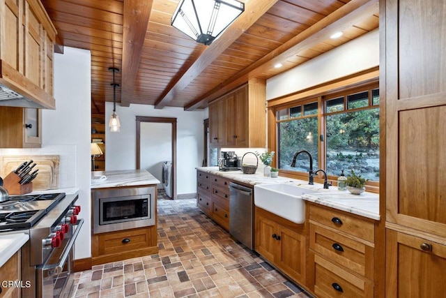 kitchen with decorative light fixtures, beamed ceiling, sink, backsplash, and stainless steel appliances