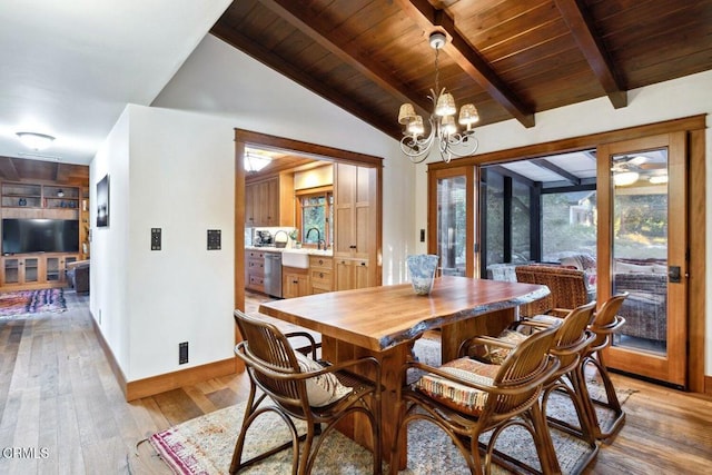 dining space with sink, vaulted ceiling with beams, a chandelier, wooden ceiling, and light hardwood / wood-style floors