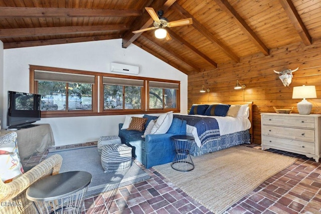 bedroom featuring lofted ceiling with beams, an AC wall unit, wooden ceiling, and wood walls