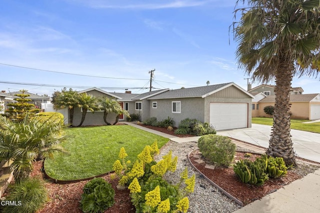 ranch-style house with a garage and a front lawn