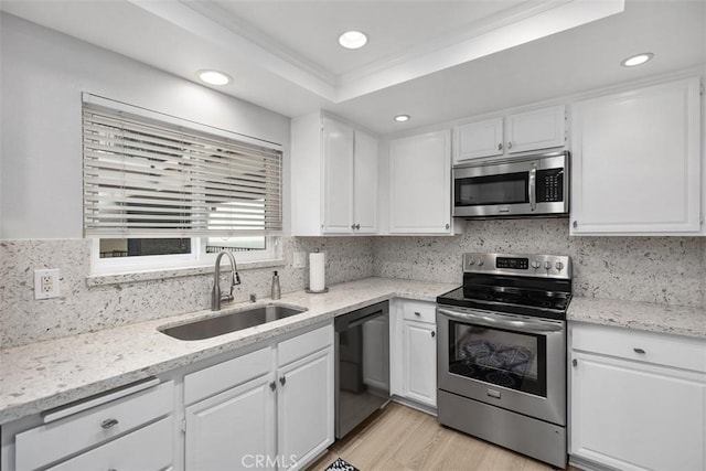 kitchen with sink, light hardwood / wood-style flooring, white cabinetry, stainless steel appliances, and decorative backsplash