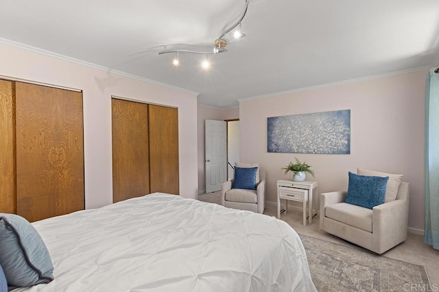 carpeted bedroom featuring multiple closets, crown molding, and rail lighting