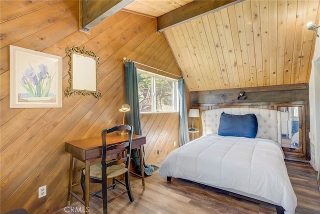 bedroom with hardwood / wood-style floors, lofted ceiling with beams, wooden ceiling, and wood walls