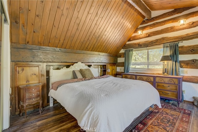 bedroom featuring wood ceiling, wooden walls, dark hardwood / wood-style floors, and lofted ceiling with beams