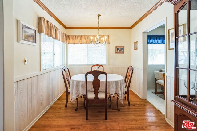 dining area with wood-type flooring, ornamental molding, wooden walls, and a textured ceiling