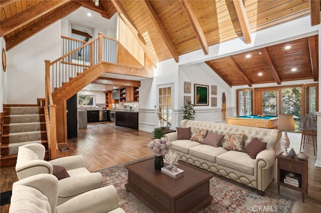 living room featuring beam ceiling, dark hardwood / wood-style floors, wood ceiling, and billiards