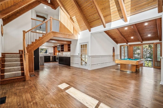 recreation room featuring high vaulted ceiling, billiards, beamed ceiling, wood-type flooring, and wooden ceiling