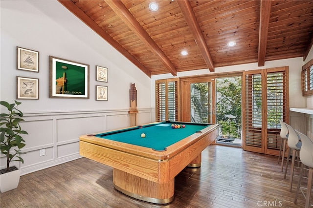 game room featuring dark hardwood / wood-style flooring, pool table, lofted ceiling with beams, and wooden ceiling