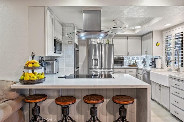 kitchen featuring a kitchen bar, tasteful backsplash, island range hood, a raised ceiling, and stainless steel appliances