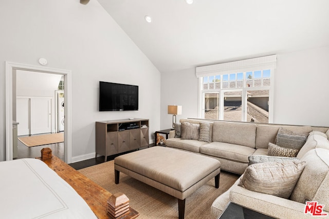 living room with wood-type flooring and high vaulted ceiling