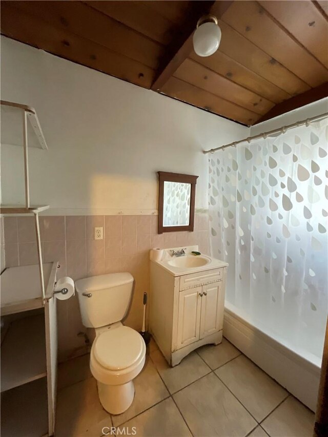 full bathroom with tile patterned flooring, vanity, shower / tub combo, wood ceiling, and toilet