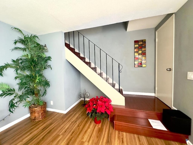 staircase with hardwood / wood-style flooring