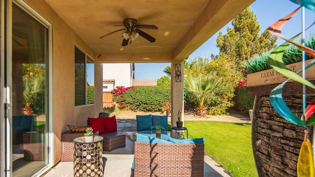 view of patio / terrace with ceiling fan and an outdoor hangout area