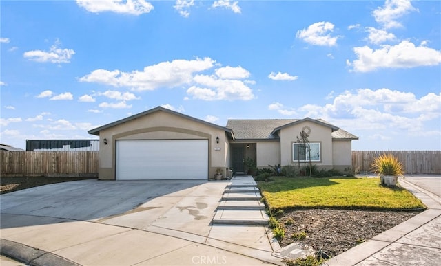 ranch-style house with a garage and a front yard