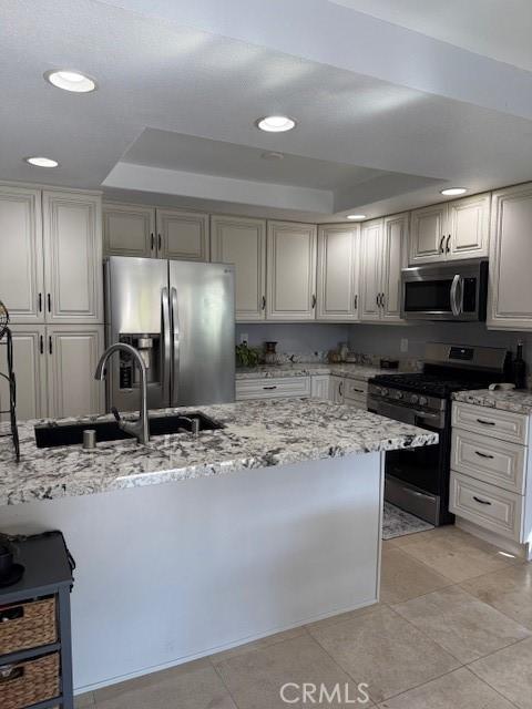 kitchen featuring stainless steel appliances, a raised ceiling, light stone countertops, and sink