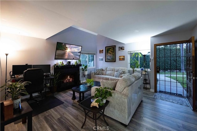 living room featuring lofted ceiling and hardwood / wood-style floors