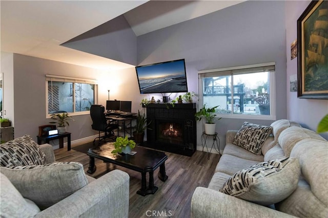 living room with dark hardwood / wood-style flooring and lofted ceiling