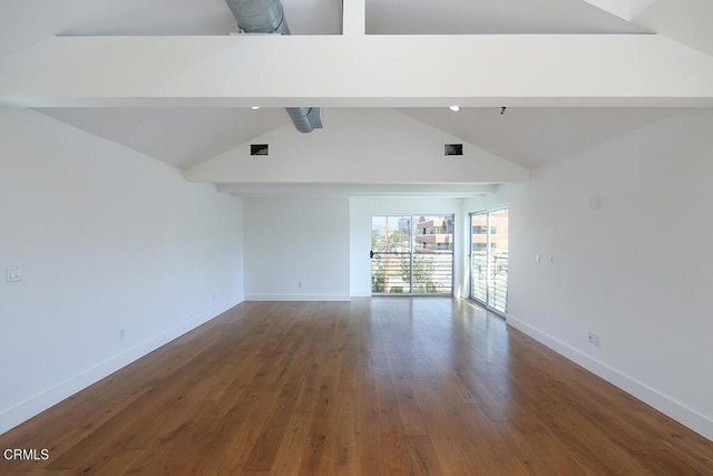 empty room with vaulted ceiling with beams and wood-type flooring