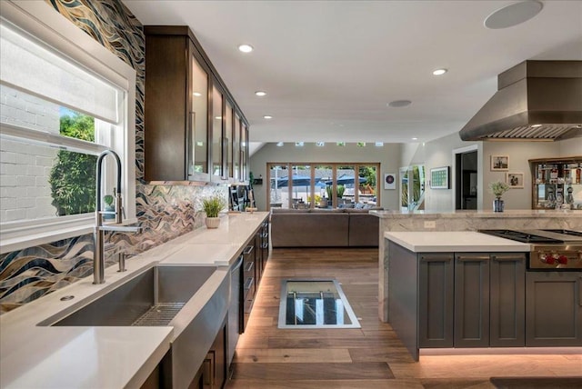 kitchen with stainless steel gas stovetop, sink, decorative backsplash, hardwood / wood-style flooring, and island exhaust hood