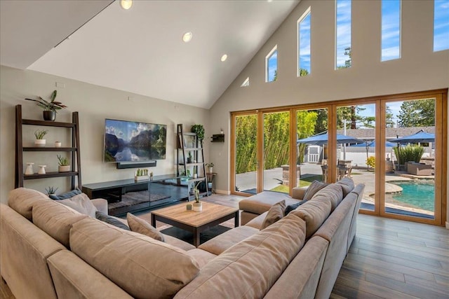 living room with wood-type flooring and high vaulted ceiling