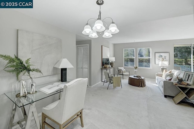 carpeted home office featuring a chandelier and a wealth of natural light