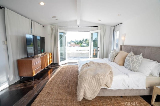 bedroom with access to exterior, dark hardwood / wood-style flooring, and lofted ceiling with beams