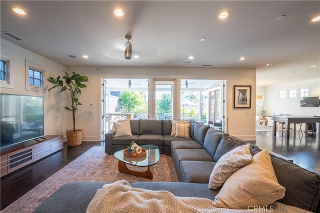 living room with a wealth of natural light and dark hardwood / wood-style flooring